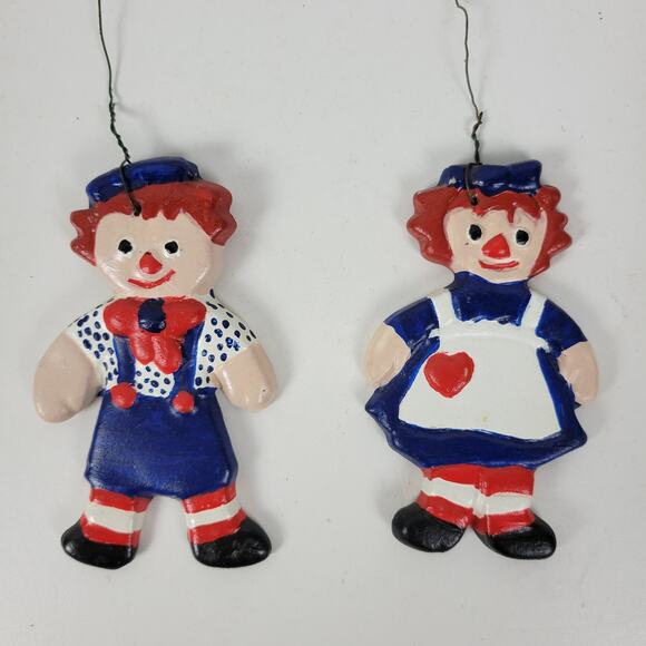 Vintage Hand Glazed Ceramic Raggedy Ann and Andy Hand Painted Holiday Ornaments - Picture 1 of 6